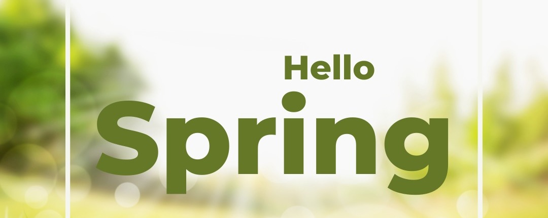 Text on green sunny background saying 'Hello Spring'