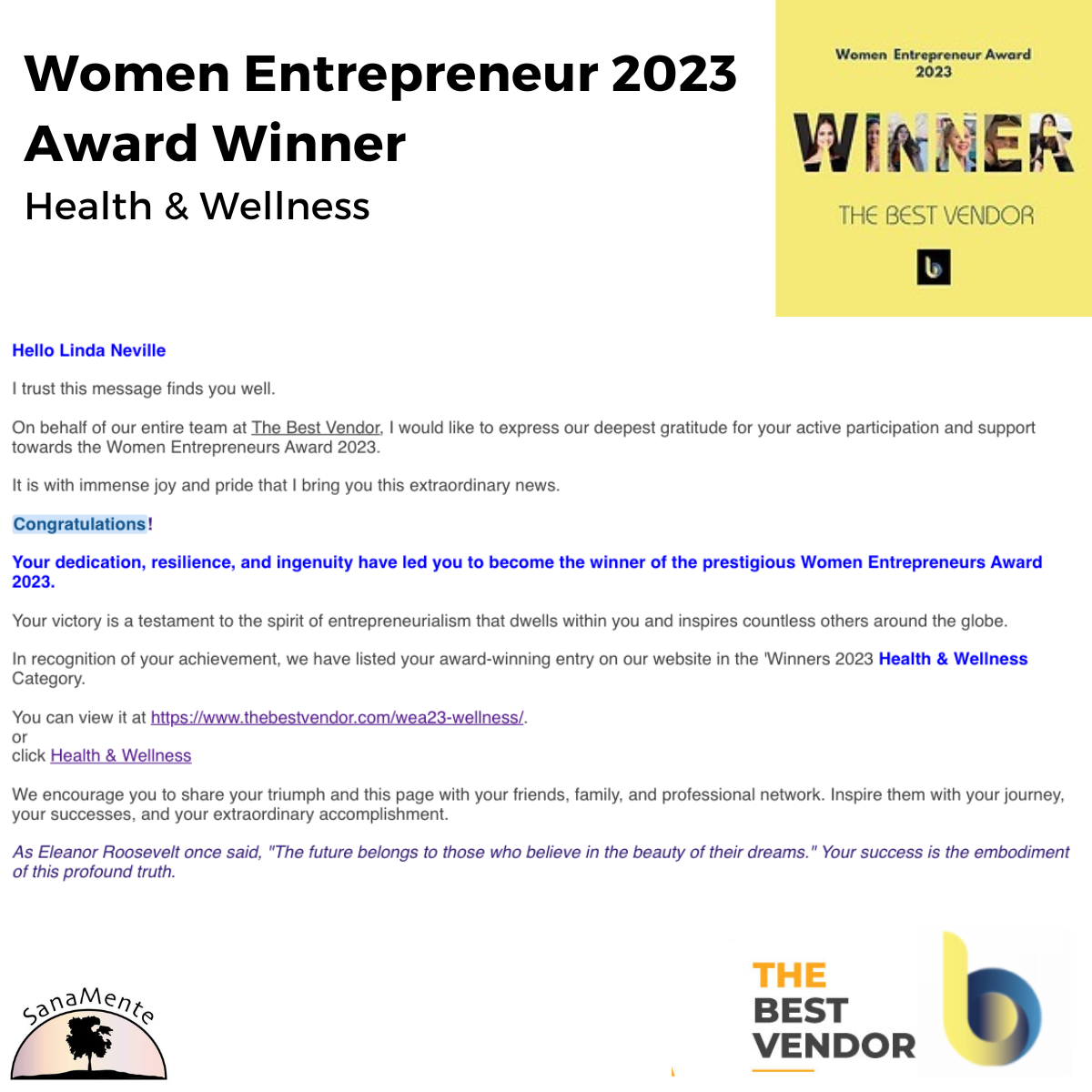 Email from The Best Vendor Announcing Linda Neville Winning Women Entrepreneur 2023
