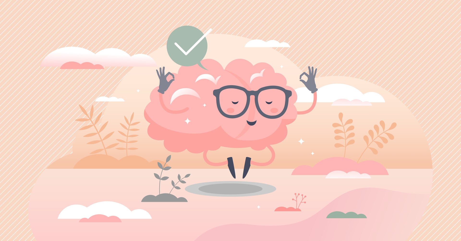 cartoon happy brain with glasses and green check